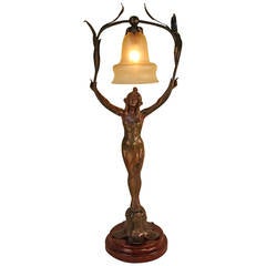 Art Nouveau Figural Patinated Lamp Base with Opalescent Glass by Charles Perron