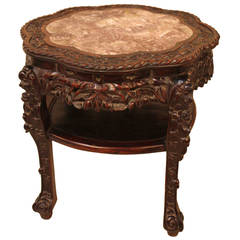 Antique Chinese Table or Pedestal Carved Rosewood with Pinkish Brown Marble Top