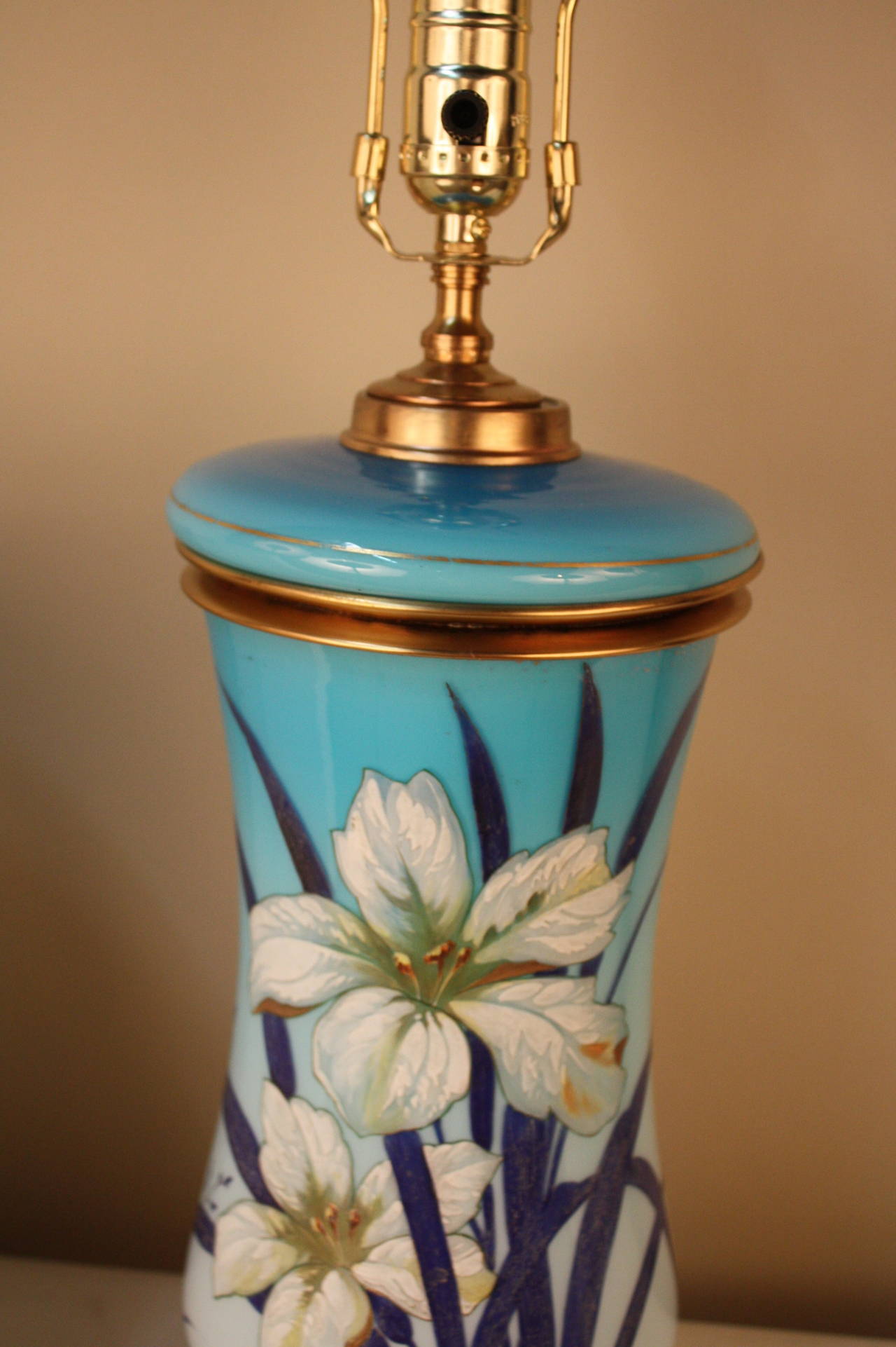 19th Century Hand-Painted Over Opaline Glass French Art Nouveau Table Lamp