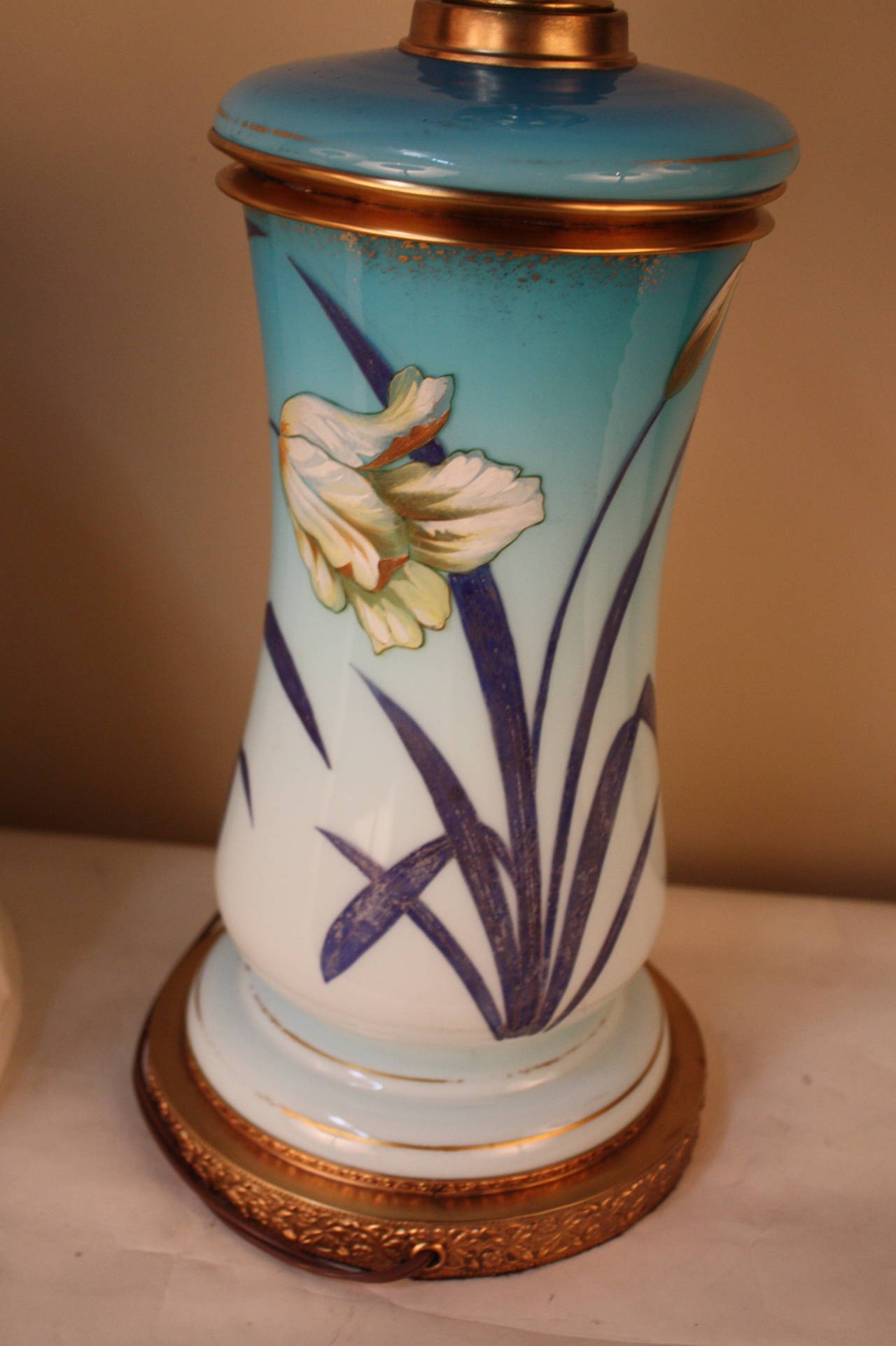 Hand-Painted Over Opaline Glass French Art Nouveau Table Lamp 2