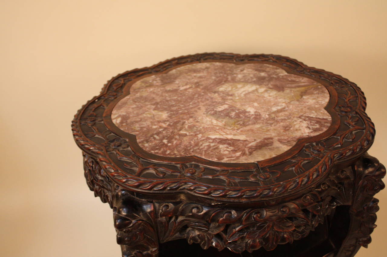 Antique Chinese stand, table or pedestal beautifully hand-carved rosewood with pinkish brown marble top.