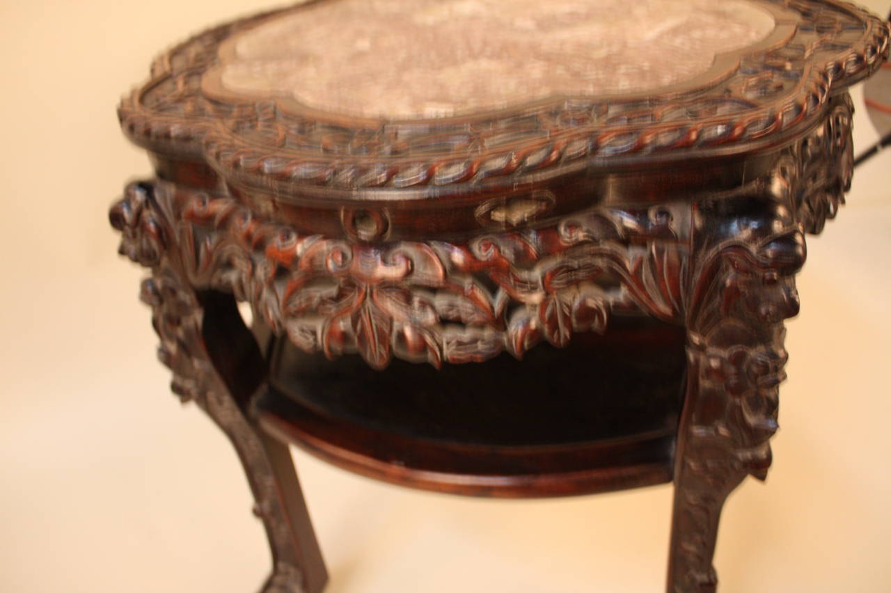 Antique Chinese Table or Pedestal Carved Rosewood with Pinkish Brown Marble Top In Good Condition In Fairfax, VA