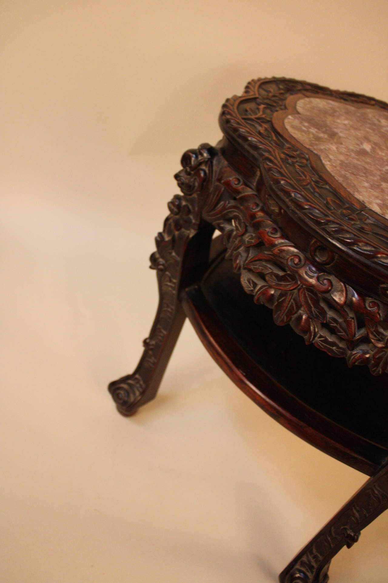 19th Century Antique Chinese Table or Pedestal Carved Rosewood with Pinkish Brown Marble Top