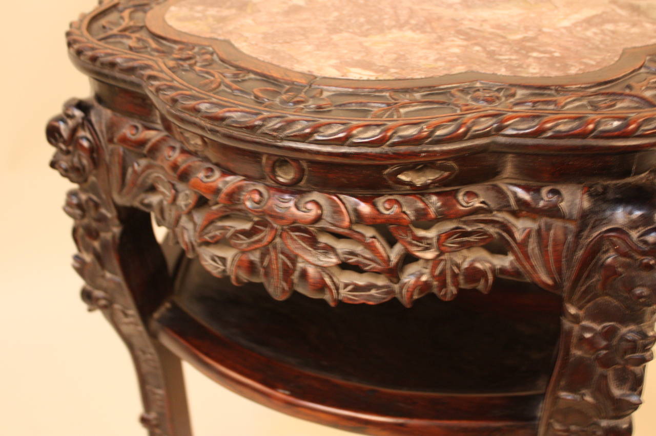 Antique Chinese Table or Pedestal Carved Rosewood with Pinkish Brown Marble Top 2