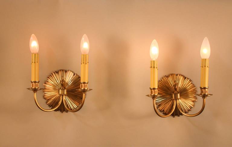 Pair of 1930s Bronze Sunburst Wall Sconces