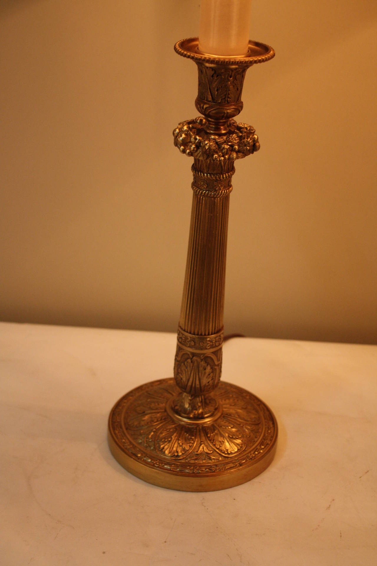 Pair of French Bronze Empire Style Candlestick Lamps