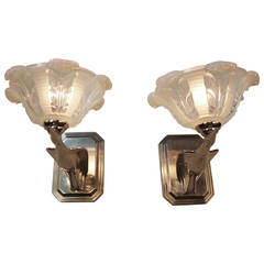 French Art Deco Nickel Wall Sconces in Flying Motion and Opalescent Shades