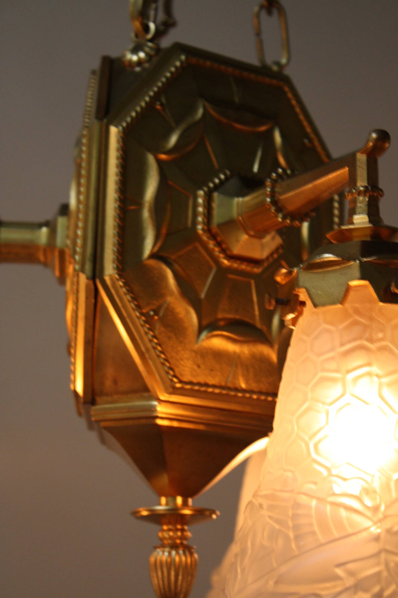 French Bronze Art Deco Chandelier with Geometeric Glass Shades