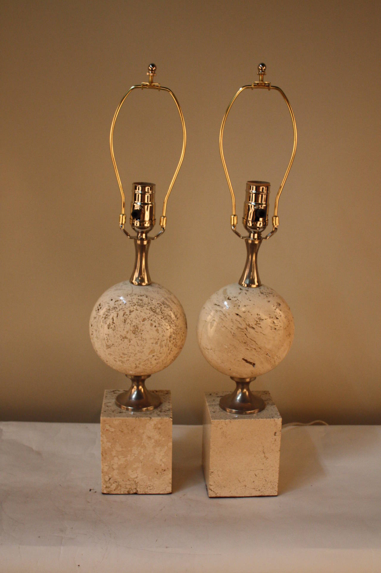 Modern Pair of French Travertine Marble Table Lamps by Philippe Barbier