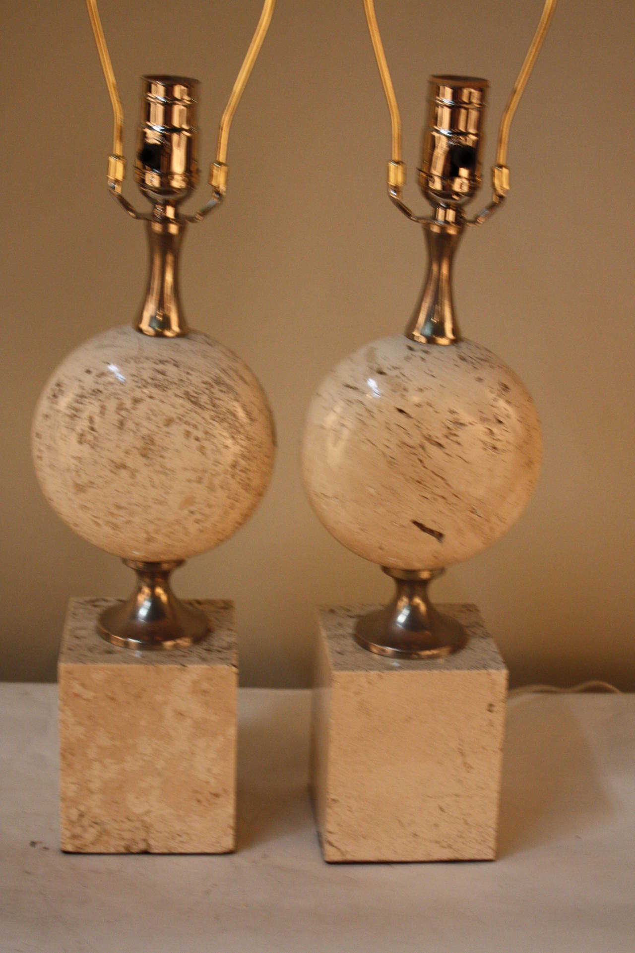 Pair of French Travertine Marble Table Lamps by Philippe Barbier In Good Condition In Fairfax, VA