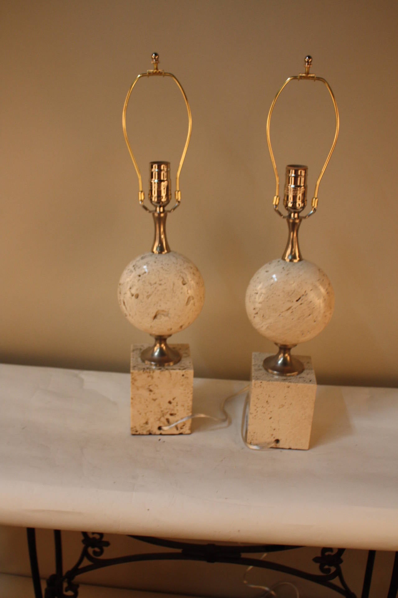 Pair of French Travertine Marble Table Lamps by Philippe Barbier 1