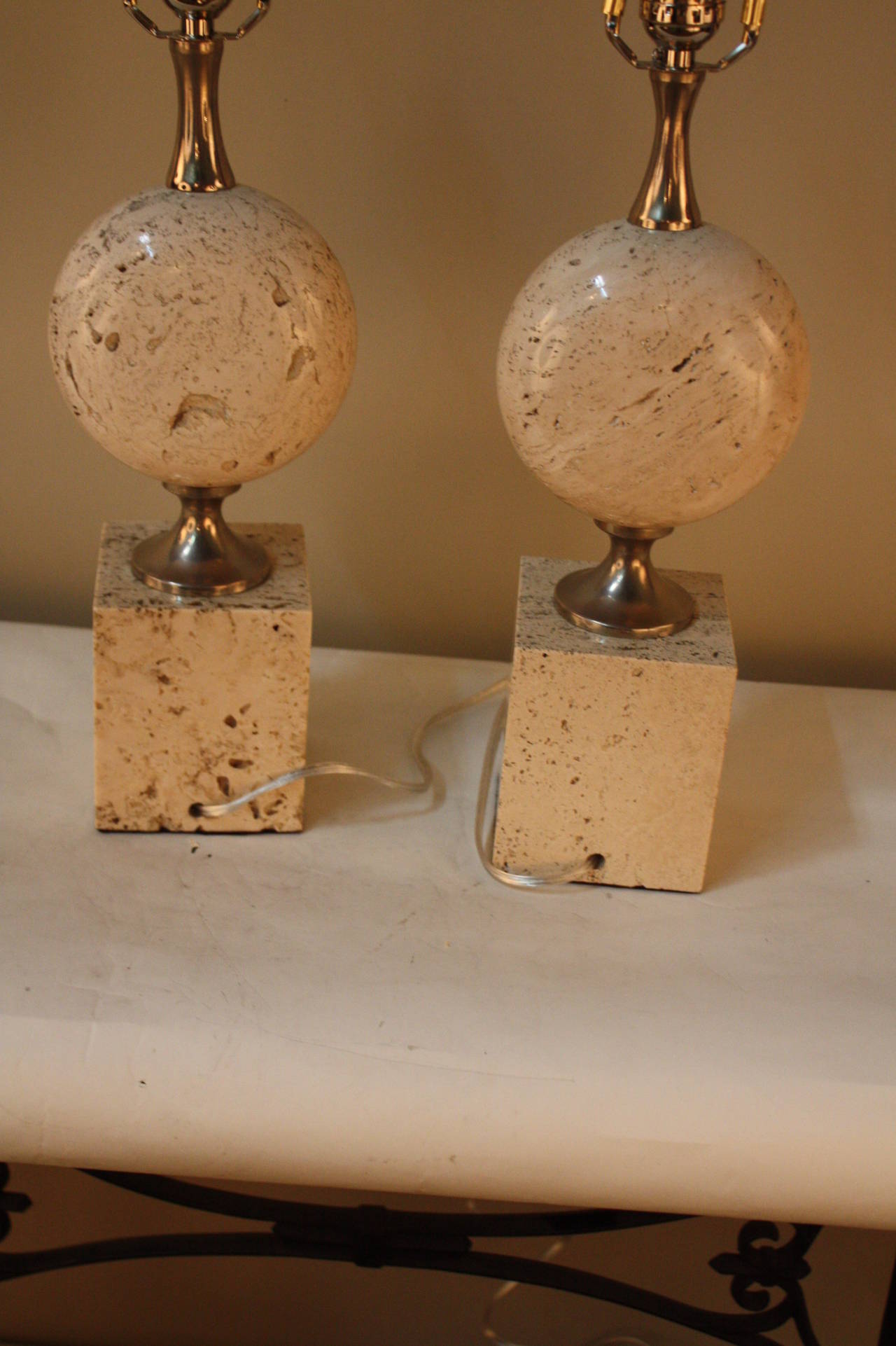 Pair of French Travertine Marble Table Lamps by Philippe Barbier 2