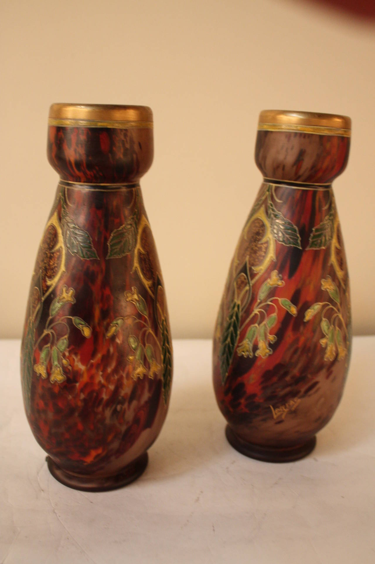 French Pair of Hand-Painted Blown Glass Vases by Legras