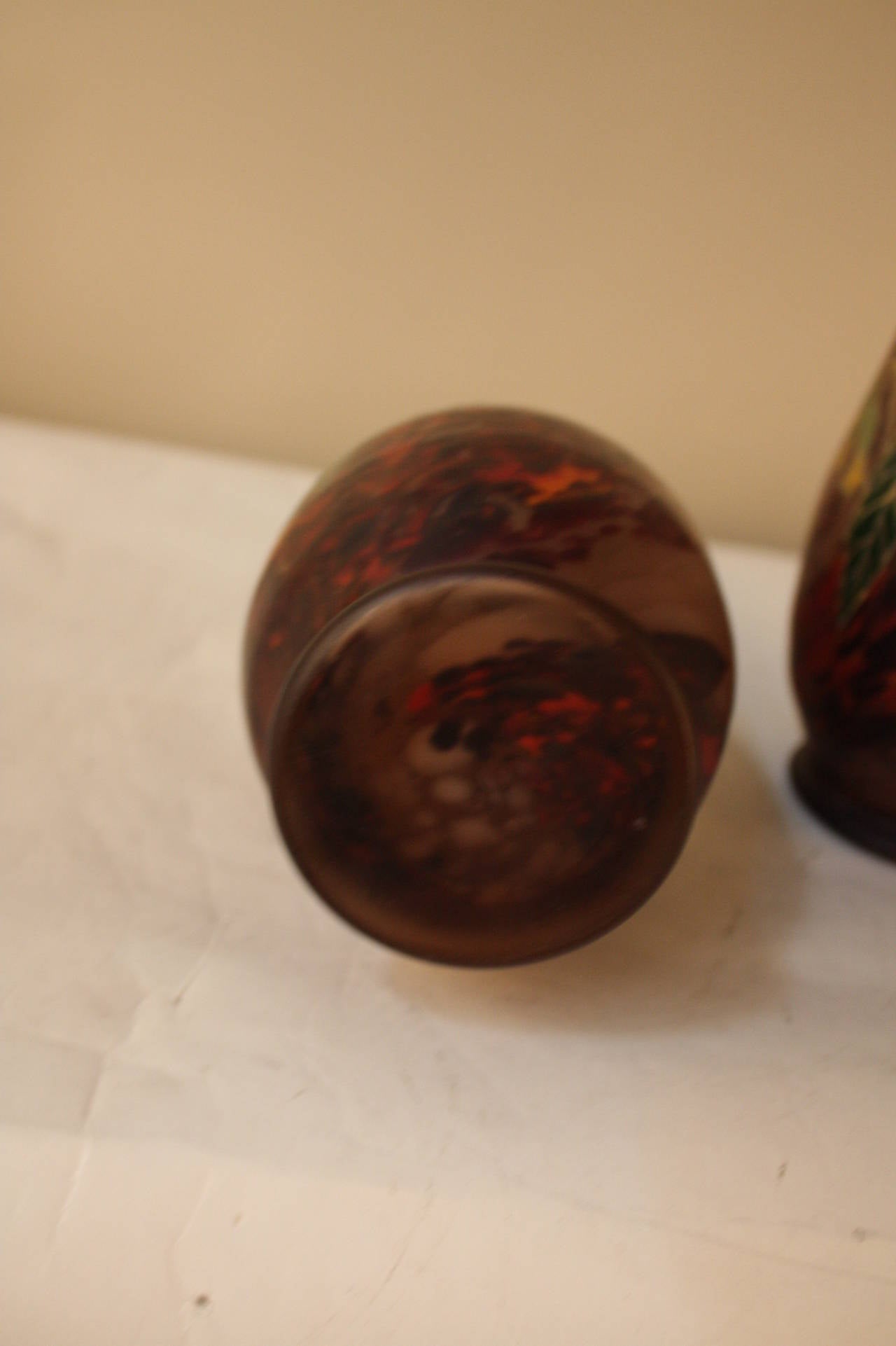 Pair of Hand-Painted Blown Glass Vases by Legras In Excellent Condition In Fairfax, VA