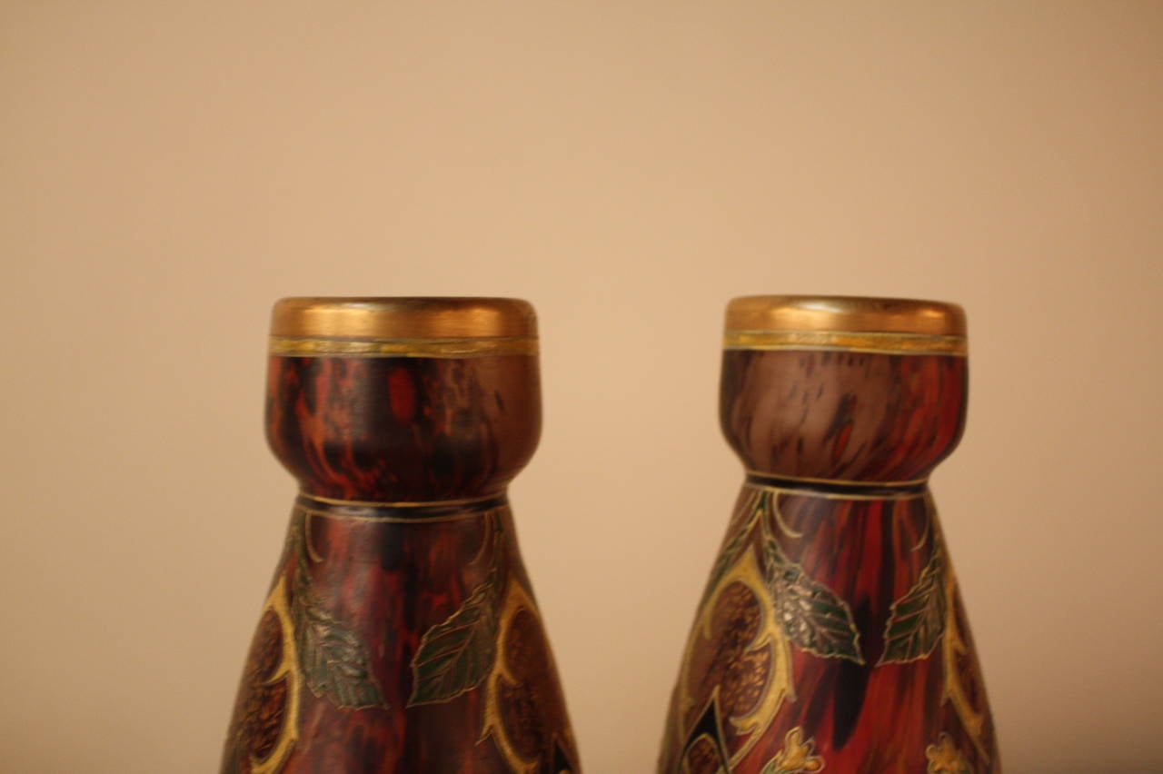 Early 20th Century Pair of Hand-Painted Blown Glass Vases by Legras