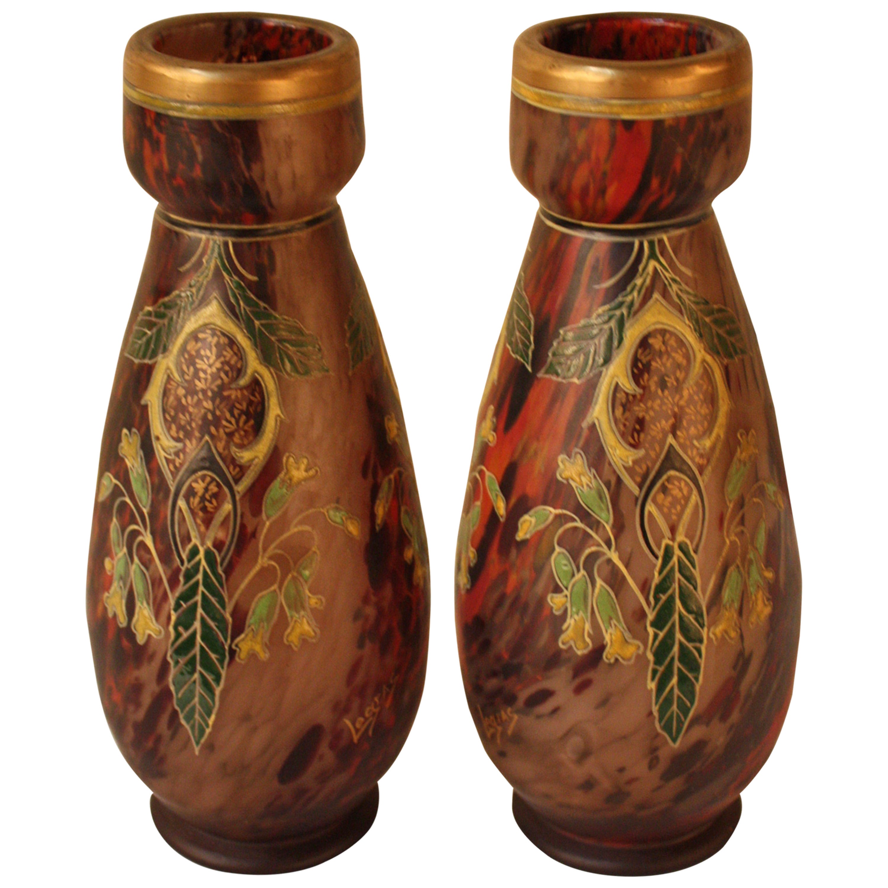 Pair of Hand-Painted Blown Glass Vases by Legras