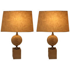 Pair of French Travertine Marble Table Lamps by Philippe Barbier