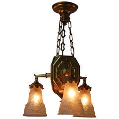 French Bronze Art Deco Chandelier with Geometeric Glass Shades