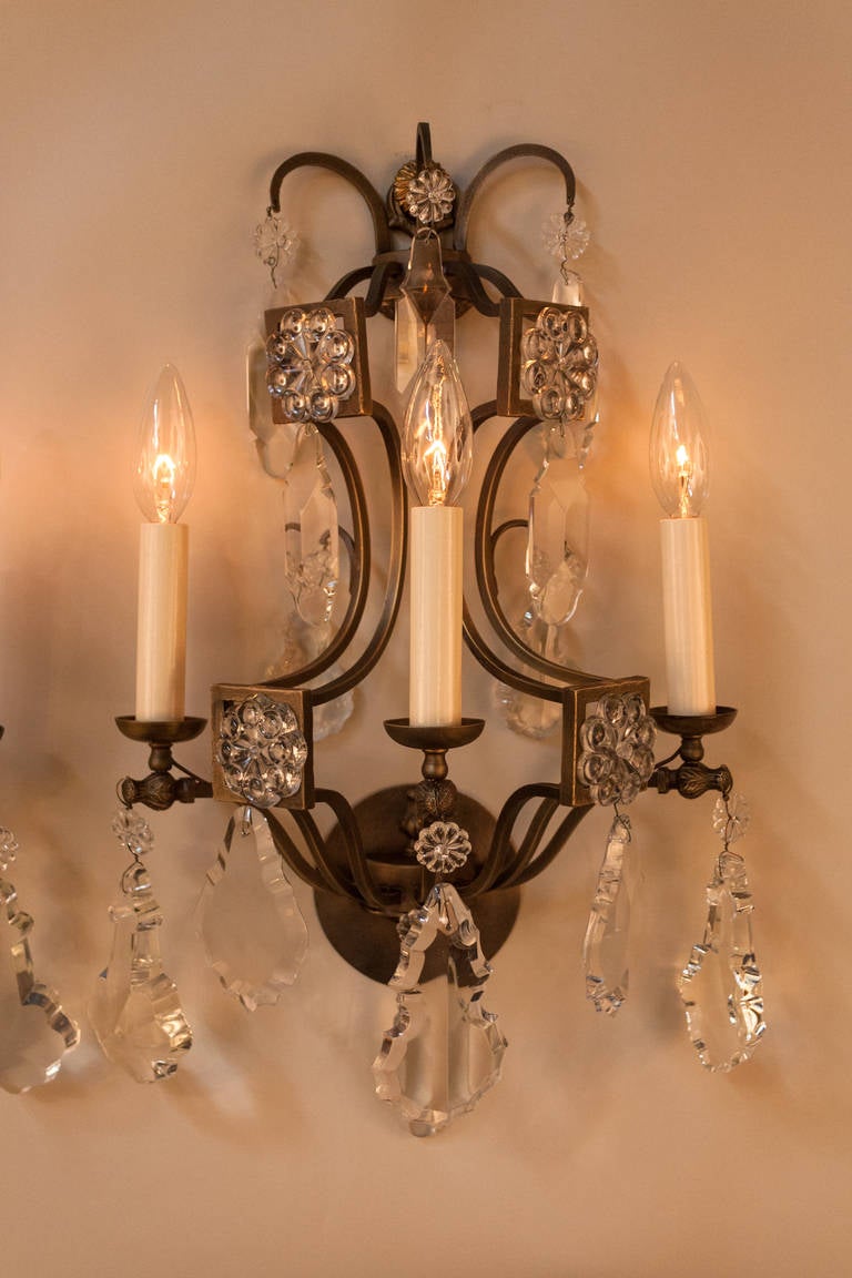 Pair of Crystal and Bronze Wall Sconces at 1stdibs