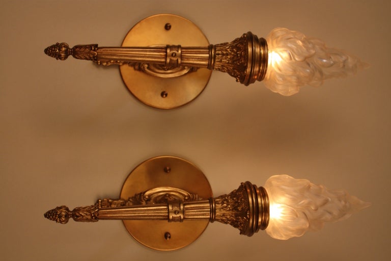 Pair of Bronze Torch Wall Sconces