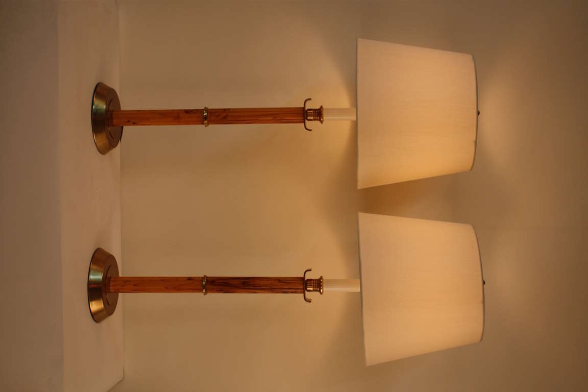 Pair wonderful 1930's American bamboo like Bakelite candle stick lamps with brass base.