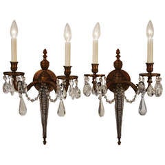 Vintage French Bronze and Crystal Wall Sconces