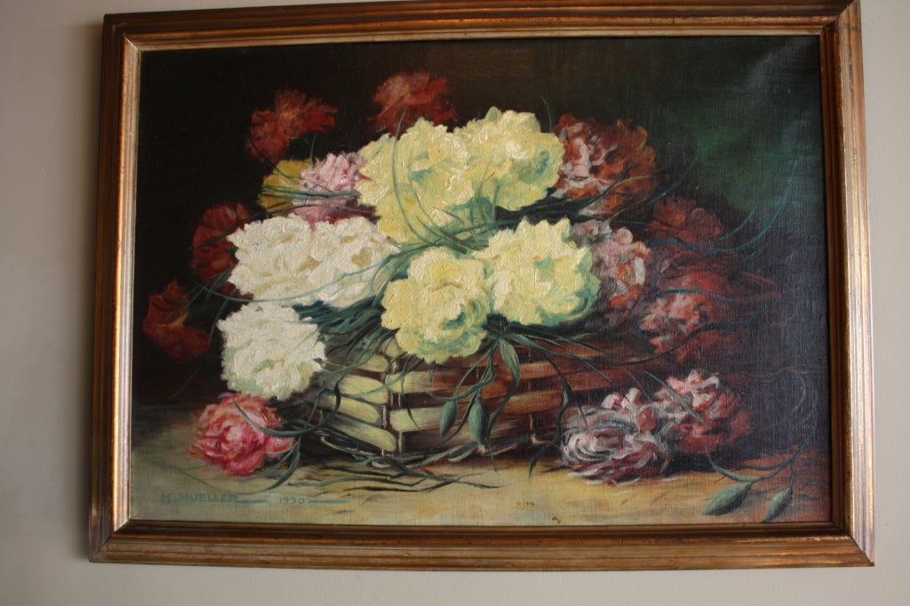 A classic American oil painting of a colorful assortment of Peony flowers in a wooden basket.