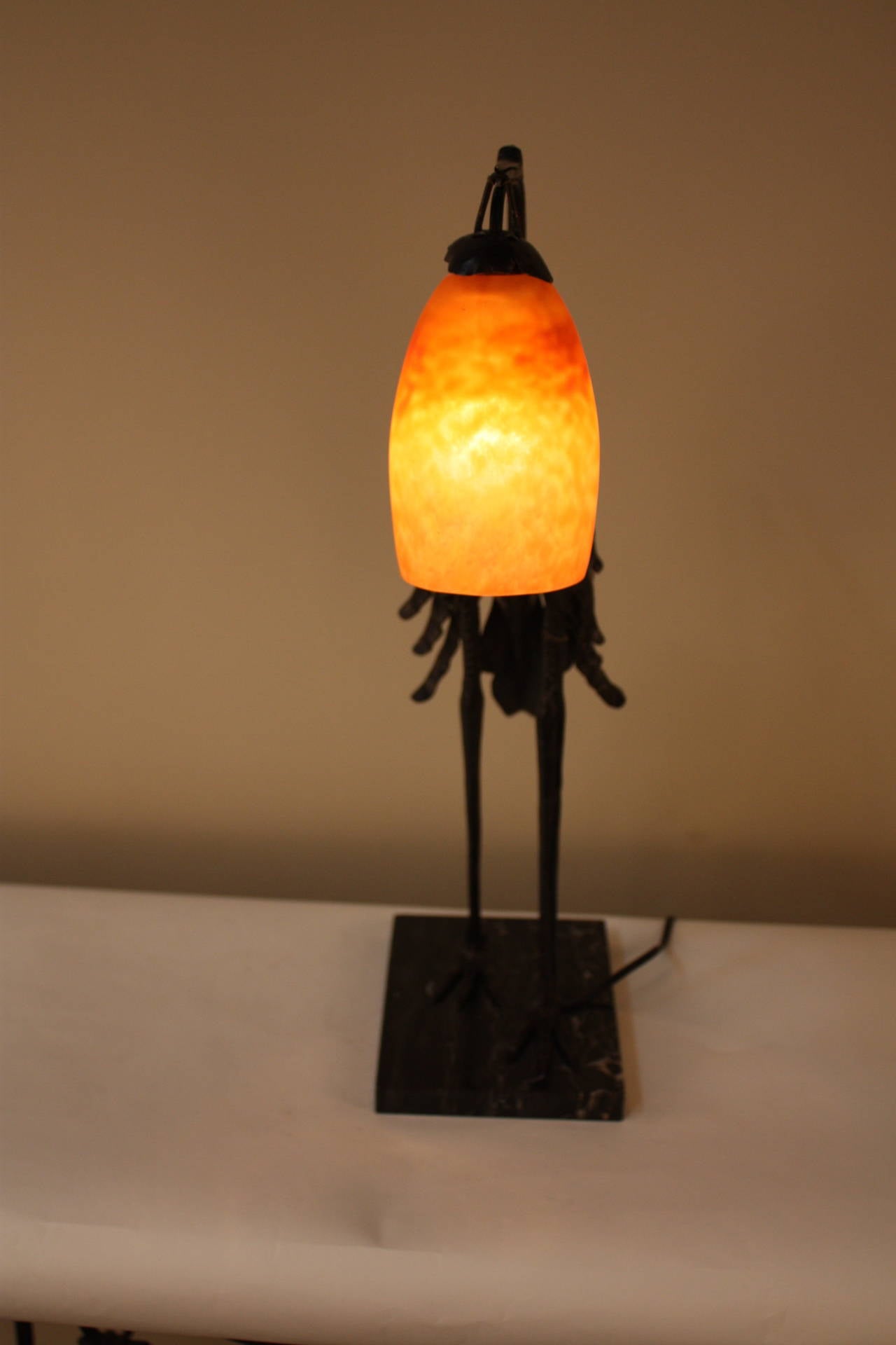 Early 20th Century Handmade Wrought Iron Bird Lamp with Daum Glass Shade