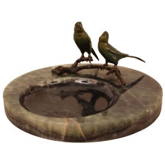 Vintage French Bronze Parakeets With Marble Ashtray
