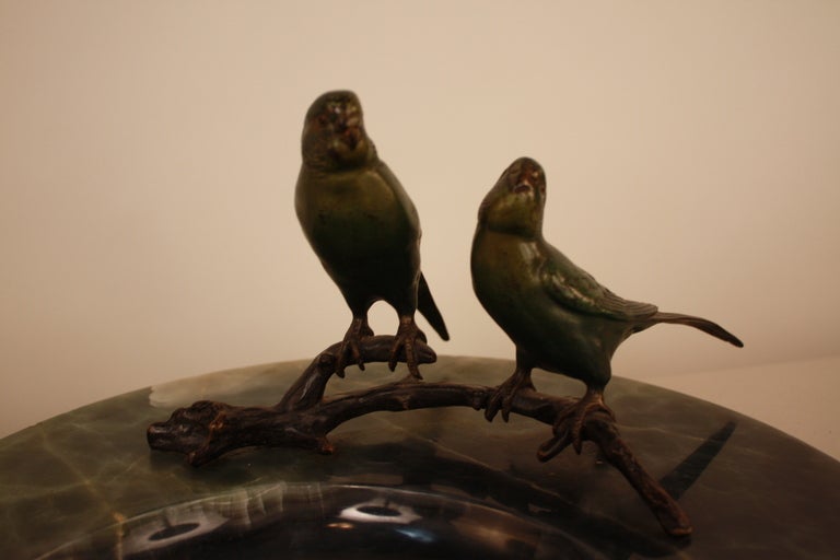 Art Deco French Bronze Parakeets With Marble Ashtray