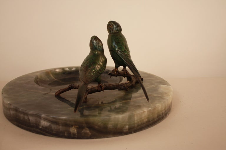 Mid-20th Century French Bronze Parakeets With Marble Ashtray