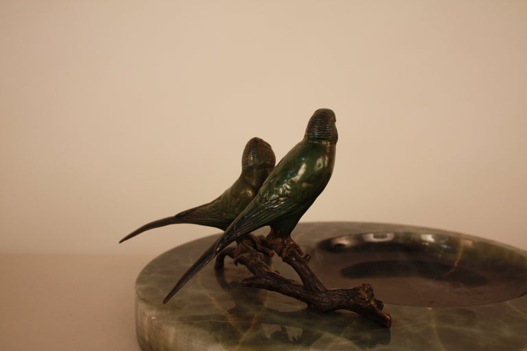 French Bronze Parakeets With Marble Ashtray 1