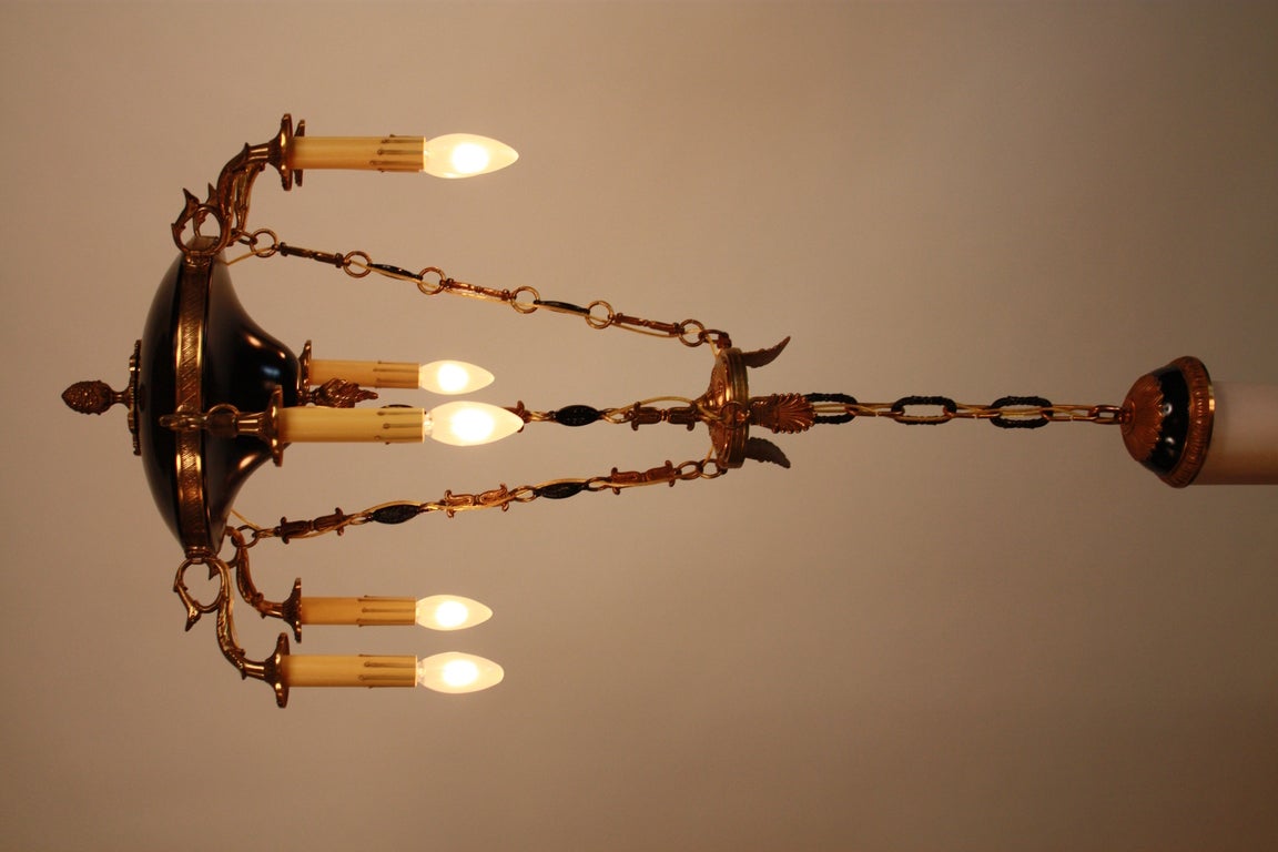 BEAUTIFUL BLACK LACQUER AND BRONZE SIX ARM EMPIRE STYLE FRENCH CHANDELIER. ( WE HAVE TWO OF THIS CHANDELIER )