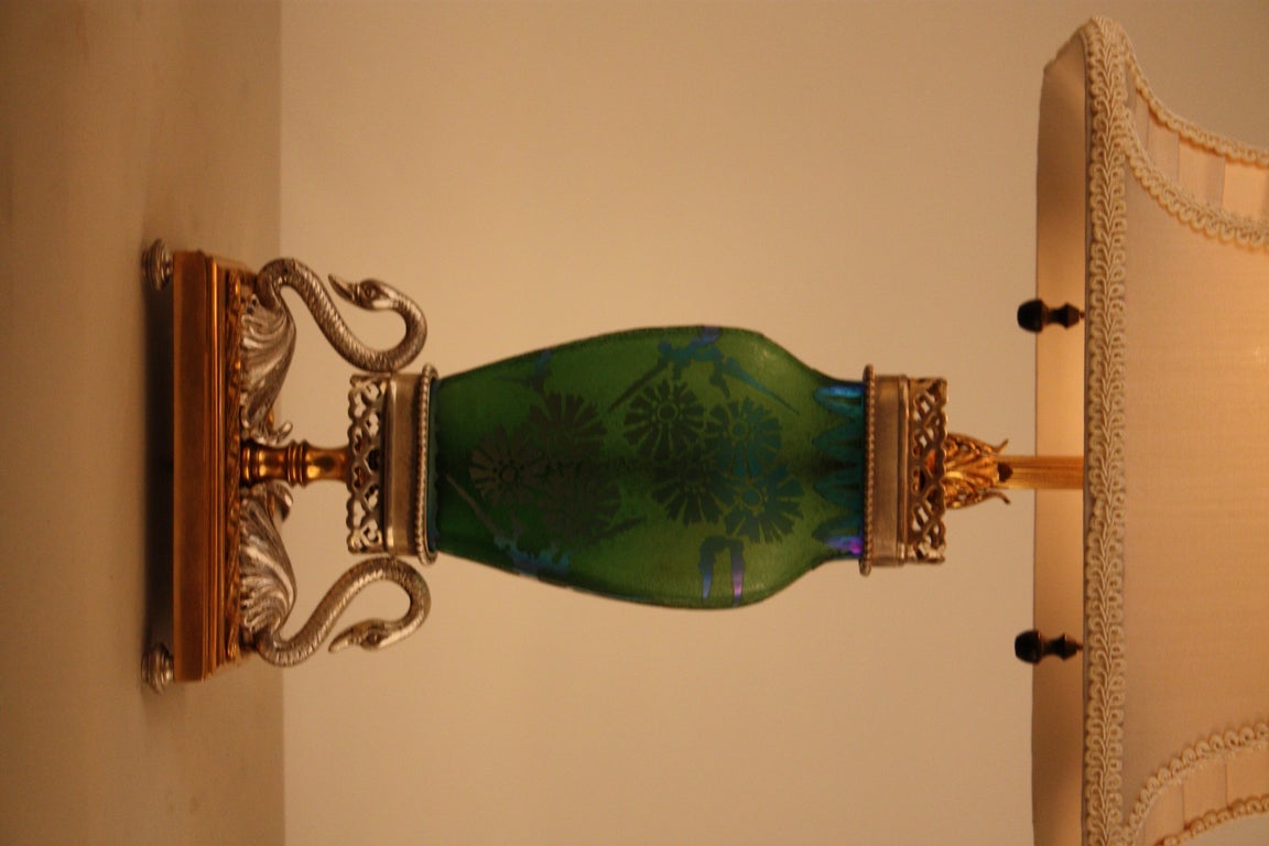 FANTASTIC STEUBEN GLASS LAMP BLUE AURENE OVER IRIDESCENT  GREEN WITH ACID CUT GLASS SITTING WITH GOLD AND SILVER OVER BRONZE FITTING. ORIGINAL LAMPSHADE HAS BEEN REDONE. 