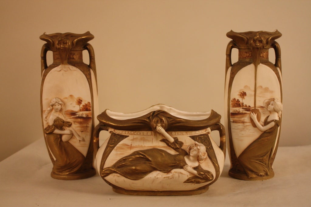 Beautiful set of three art nouveau porcelain vases by the famed Royal Dux porcelain manufacturer.