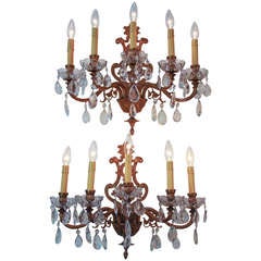 Spanish Bronze and Crystal Wall Sconces