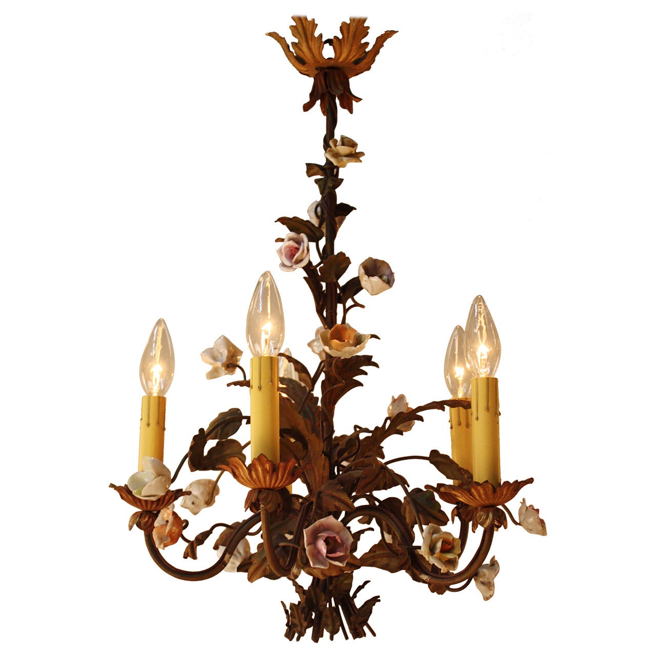 Italian Tole Chandelier with Porcelain Flowers