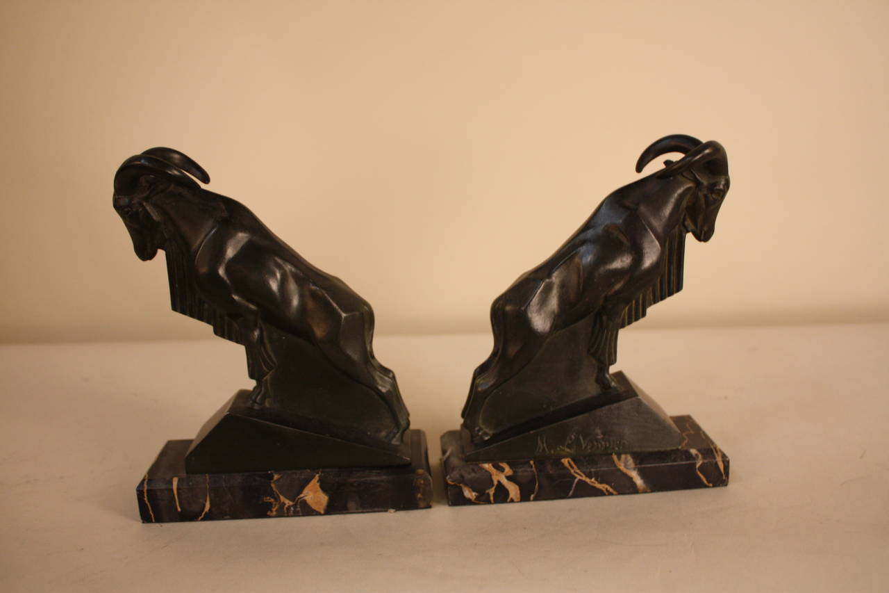 Patinated Art Deco Ram Bookends by Max Le Verrier