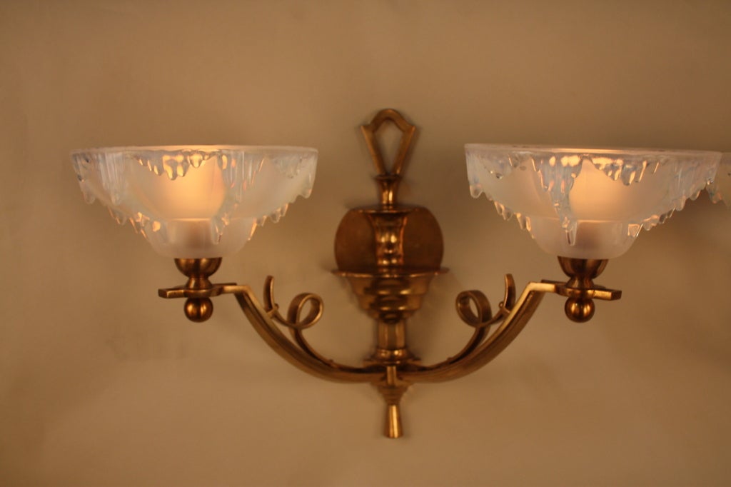 GREAT PAIR OF DOUBLE ARMS WITH OPALESCENT GLASS WALL SCONCES BY EZAN.