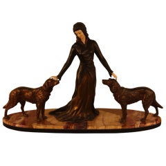 French Art Deco Sculpture Woman with Two Dogs