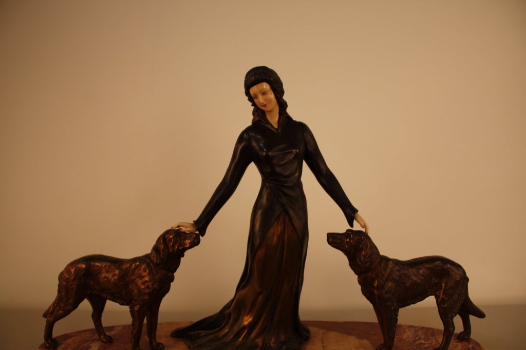 Mid-20th Century French Art Deco Sculpture Woman with Two Dogs