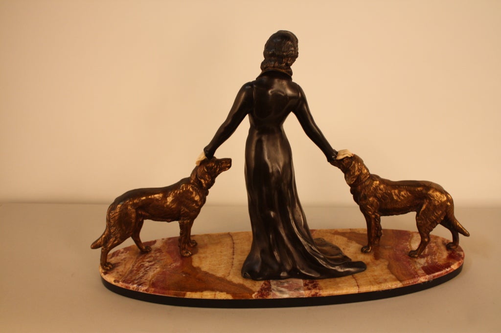 French Art Deco Sculpture Woman with Two Dogs 2
