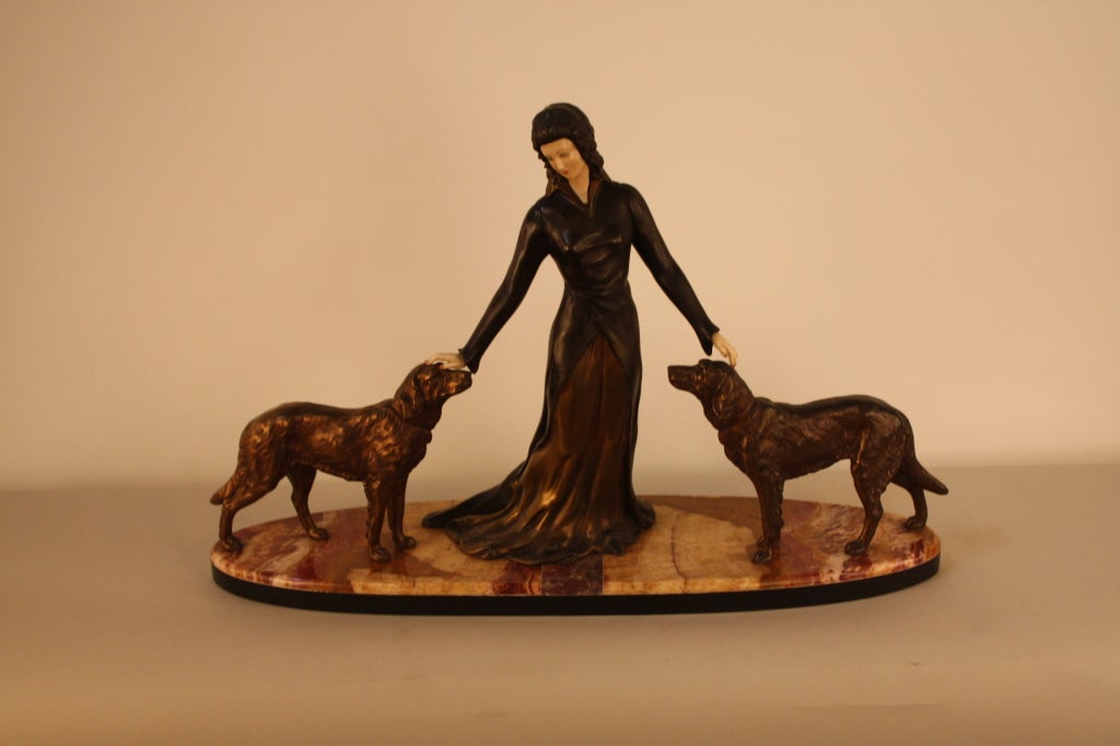 French Art Deco Sculpture Woman with Two Dogs 4