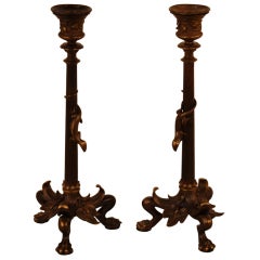 Vintage Pair of French Bronze Candlesticks