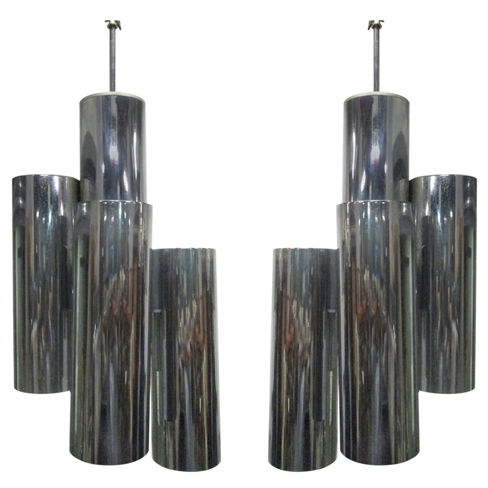 Pair of Chrome Tubular Light Pendants