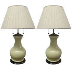 Pair Urn Ceramic Lamps w/ Mahogany Base
