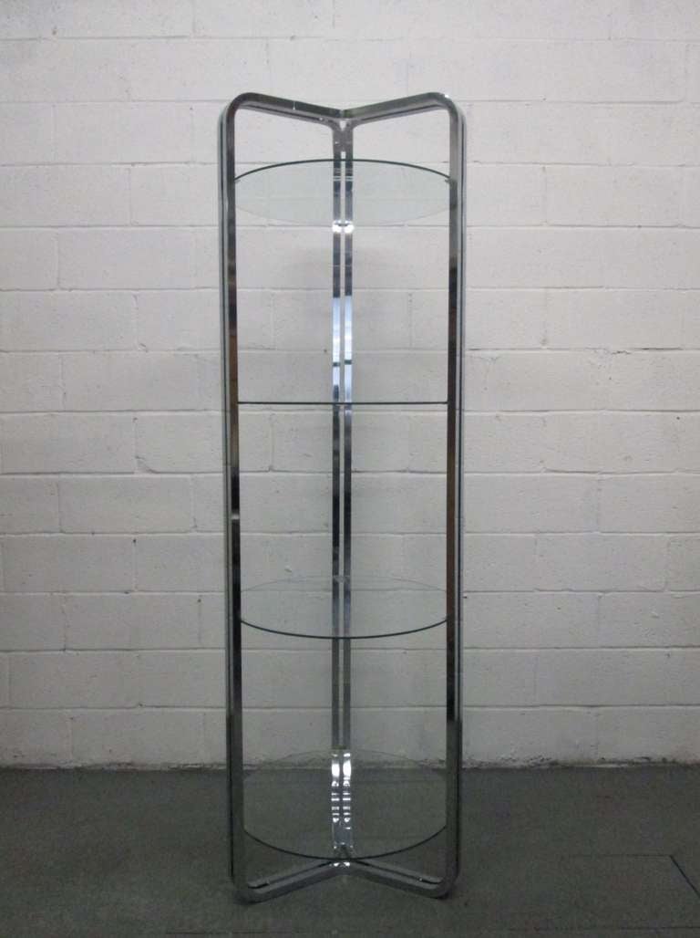 Round 4 Tier Chrome Etagere with glass shelves.