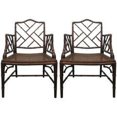 Pair Chinese Faux Bamboo Chippendale Style Arm Chairs