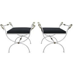 Pair French Iron & Brass Swan Curule Stools