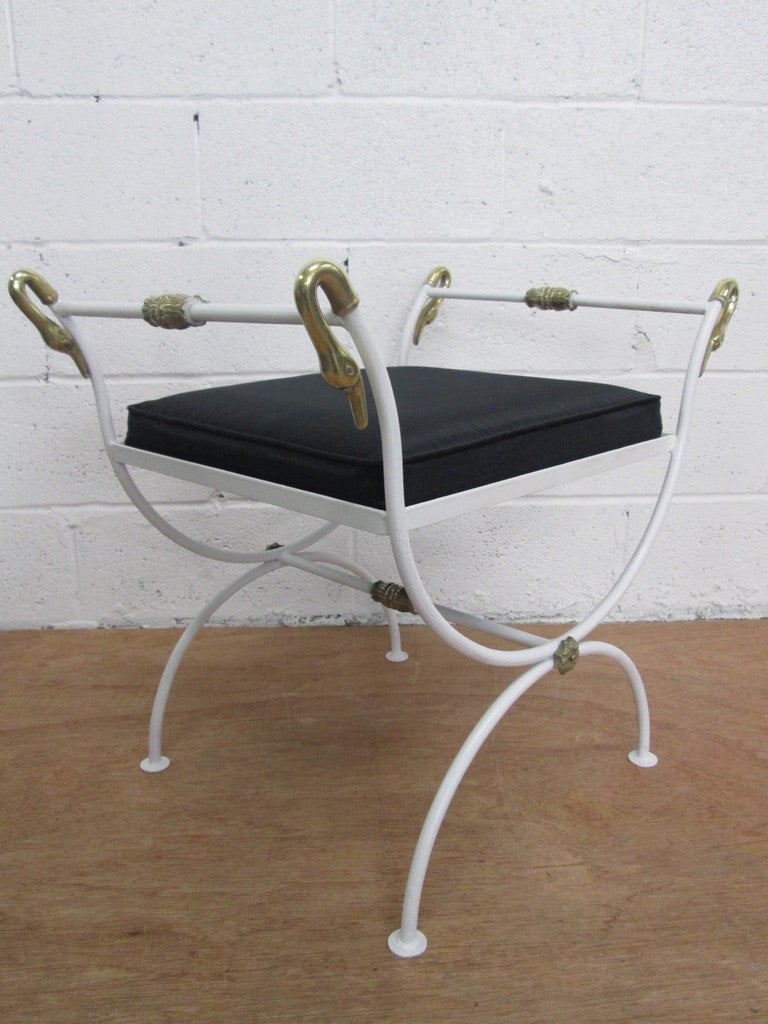 Pair French Iron & Brass Swan Curule Stools